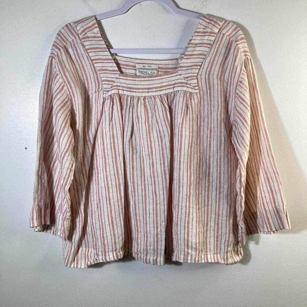 Womens Rachel Zoe Square Neck Striped Linen Boho Top 3/4 Sleeve Pink Cream M